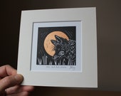 Fox and full moon - original, hand painted, mounted linocut print