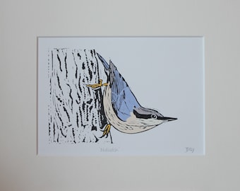 Nuthatch, original, hand coloured, mounted lino print