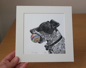 Jack Russell, original, hand coloured, mounted lino print