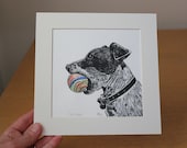 Let's play -  original, hand painted, mounted linocut print of a Jack Russell with a ball