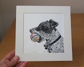 Jack Russell, original, hand coloured, mounted lino print