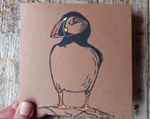 Puffin - original, hand printed, hand painted linocut card