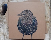 Starling - original, hand printed, hand painted linocut card
