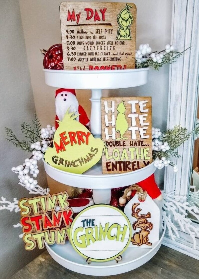 Grinch Themed Tiered Tray Bundle Set 3D Wood Mini Signs Christmas Tier Tray Decor Grinchmas Stink Stank Stunk Max 