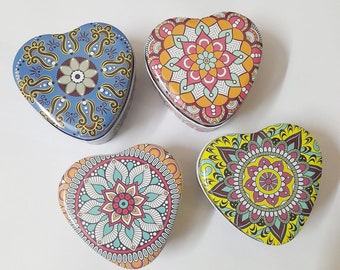 Scatole di latta vuote a forma di cuore con 4 scatole, organizer in metallo, portagioielli, scatola multiuso, scatola regalo in latta, scatola di latta Mandala Art, portapillole