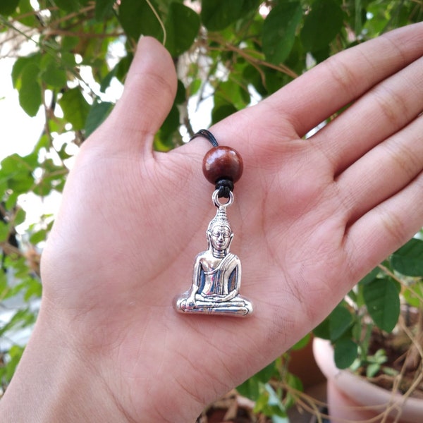 Buddha Pendant Necklace Oxidized Silver with 1mm black adjustable wax cord with sliding knot. Free Size.