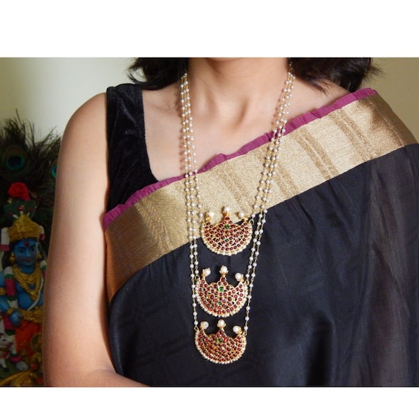 Designer Statement 3 Layered Pearl Chain Half Moon pendant Long Necklace Kemp Jewelry | Handmade Jewelry | Indian Jewelry| Bollywood Jewelry
