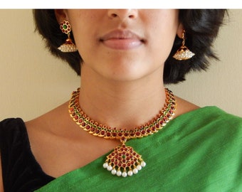 Handmade High quality beautiful Gold plated Mango Motif Design Maroon & Green Kemp Choker Necklace Set | Bollywood Jewelry | Temple Jewelry