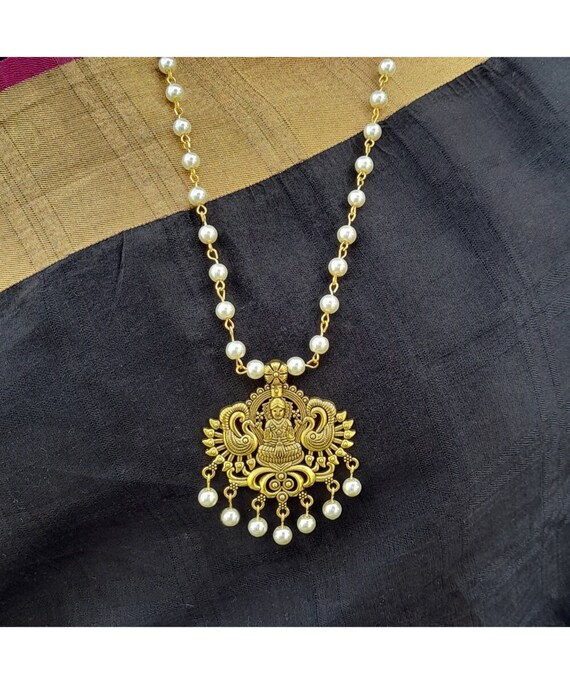 Antique Oxidized Gold Plated Lakshmi Pendant Long Pearl Chain