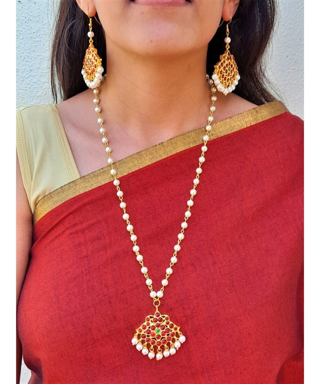 Designer Gold Plated High Quality Maroon green Kemp Pendant Handmade Long Pearl Chain Necklace Set Indian Traditional Jewelry Etsy