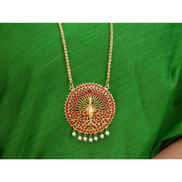 Maroon and Green Kemp Peacock Dollar Long gold plated chain necklace | 23.5 micron gold plated chain | 30 inches | Dasavatharam design