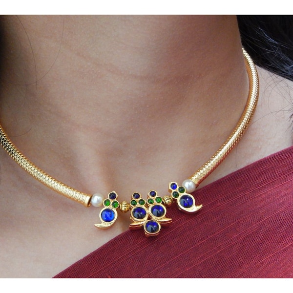 Handmade High quality Blue and Green Kemp Mango design motif with Gold plated pipe Chocker Necklace Set | Bollywood Jewelry | Indian Jewelry