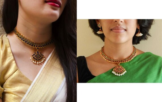 Combo Set of 2 Necklace Gold Plated Mango Design Blue With Green