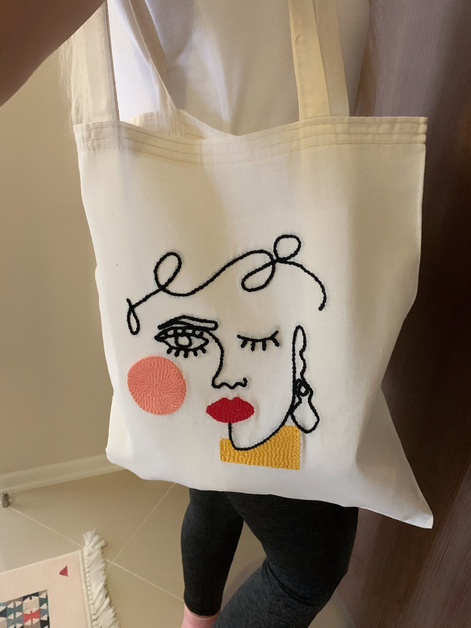 Red Rouge Female Face Line Art Punch Needle Canvas Tote Bag - Etsy