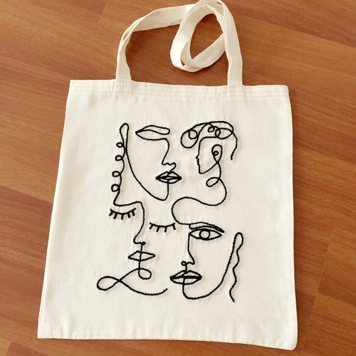 Female Face Line Art Punch Needle Canvas Tote Bag Beach Bag - Etsy