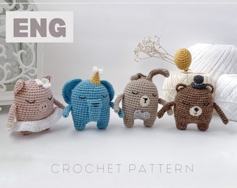 Häkelanleitung Pocket Pets 4 in 1 Set, Häkelanleitung Bär, Elefant, Schwein und Häschen, Amigurumi Tiere englisch PDF Häkelanleitung