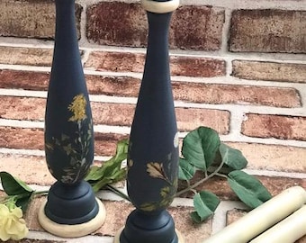 Vintage Danish Wedgwood Blue Wood Candlesticks With Flameless Taper Candles