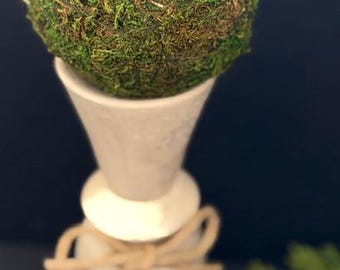 Topiary Pedestal Stone-Look Wood Pillar With Moss Ball Eclectic Table/Shelf Decor