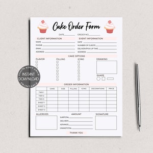 Editable Cake Order Form Template | Bakery Order Form Receipt | Craft Business Invoice Form | Cupcake Order Forms | Instant Download.DTP-004