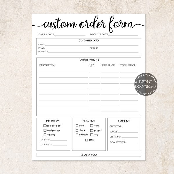 Order Form Editable | Crafters Order Form Template | Etsy Shop Craft Business Forms | Small Business Forms Instant Digital Download.Dtp-004