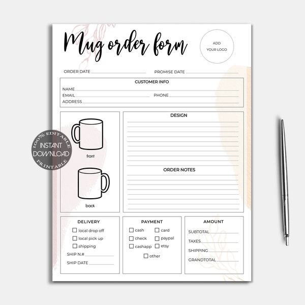 Mug Order Form Template, Coffee Cup Printable Order Form, Editable Small Business Forms, Small Business Forms, Instant Download. Dtp-004