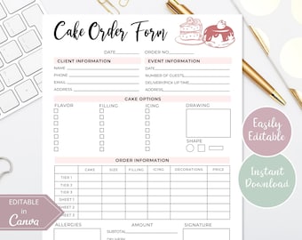 May include: A printable cake order form with sections for client information, event details, cake options, order information, and payment. The form includes fields for name, phone, email, address, date, number of guests, delivery time, flavor, filling, icing, decorations, size, price, allergies, subtotal, delivery, advance, and grand total. The form also includes a signature line and a thank you message.