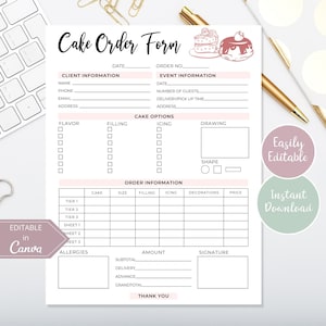 Cake Order Form Template | Editable Canva Template I Bakery Order Form Printable | Small Business Order Form Template | Digital Order Form
