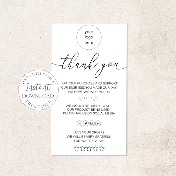 Business Thank You Card Template, Editable Small Business Thank You Cards,Etsy Thank You For Order Packaging Insert,3 Sizes Included.Dtp-026