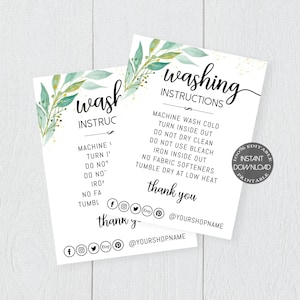 Washing Instructions Card Editable, Tshirt Etsy Shop Clothing Care Insert Card,2 Sizes Printable Modern Washing Instruction Template.Dtp-006