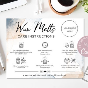 Wax Melts-onderhoudskaartcanvasjabloon, afdrukbare onderhoudsinstructies Wax Melts, bewerkbare waxmelt-onderhoudskaarten voor kleine bedrijven. DTP-030
