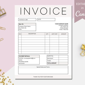 以下が含まれることがあります： 「INVOICE」という単語が上部に太字で書かれた白黒の印刷可能な請求書テンプレート。テンプレートには、請求書番号、日付、請求先、会社名、説明、数量、単価、金額、支払い詳細、小計、割引、税金、合計金額、および特別な注意事項と条件のフィールドが含まれています。テンプレートはCanvaで編集できます。