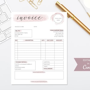 May include: A printable invoice template with a pink watercolor background and the word "invoice" in a gold glitter font. The template includes sections for billing information, itemized list, payment details, and totals. The template is editable in Canva.