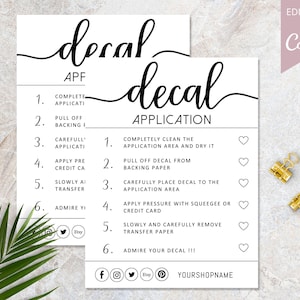 Decal Instructions Template, Printable Decal Application Care Card, Decal Packaging Insert Card , 100% Editable, Instant Download. DTP-006