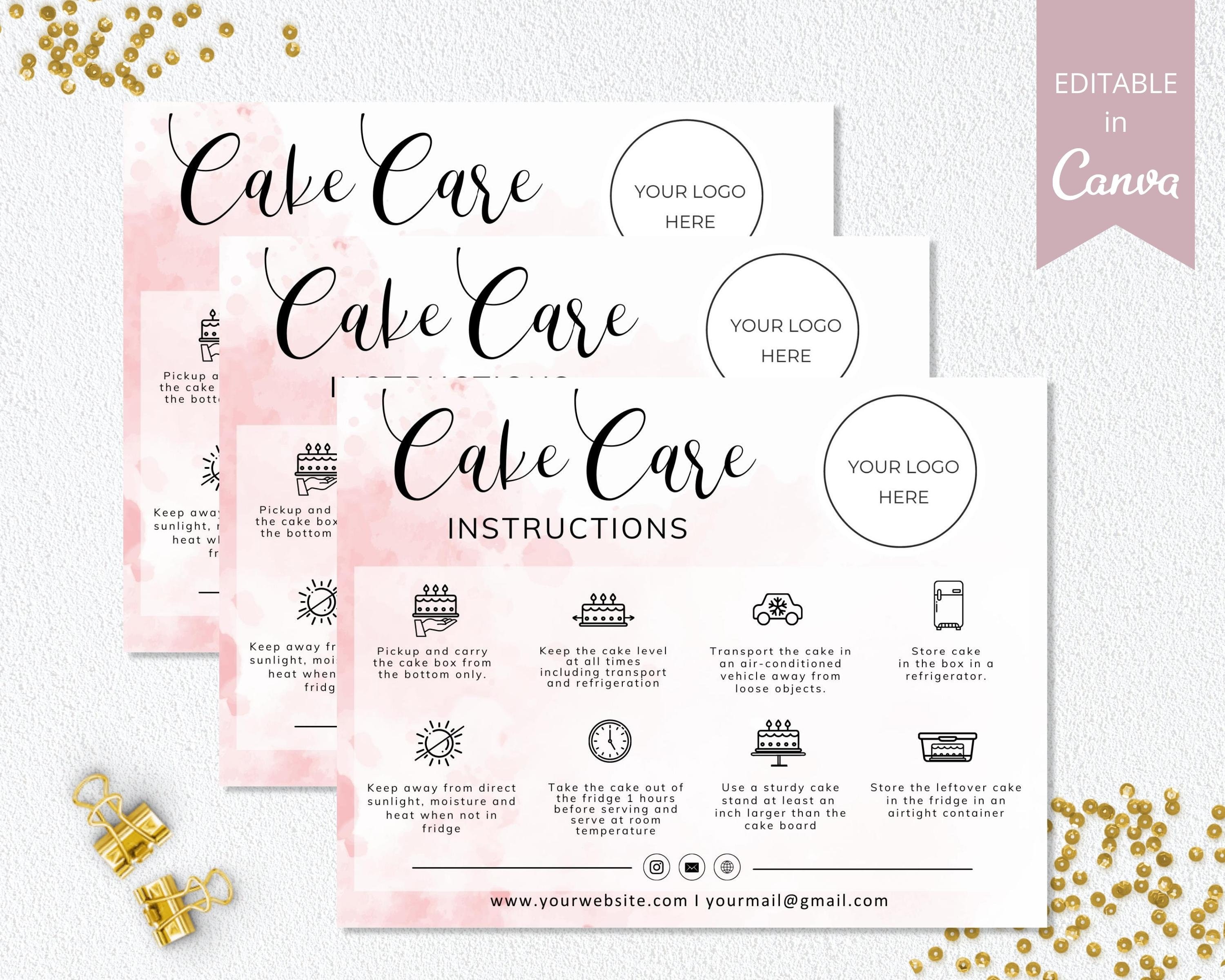 Cake Care Card Template | Editable Canva | Bakery Care Guide Instant ...