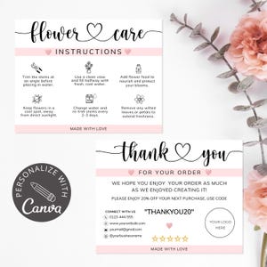 Scheda di cura per fiori freschi recisi / Modello Canva modificabile per inserti per fioristi / Istruzioni di ringraziamento per la cura di fiori e ordini di piante