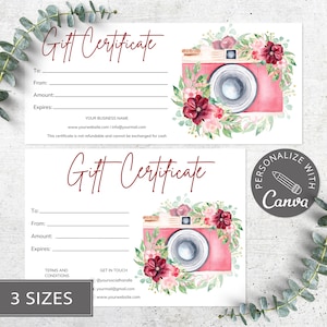 Photography Gift Certificate, Canva Template, Printable Photo Session Gift Card, Editable Fathers Day Gift Ideas, Electronic Gift Card.