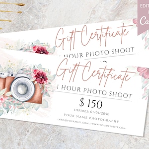Chèque-cadeau photo, modèle sur toile, carte-cadeau imprimable pour une séance photo, idées cadeaux modifiables pour la fête des pères, carte-cadeau électronique.