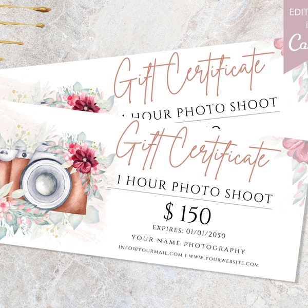 Photography Gift Certificate, Canva Template, Printable Photo Session Gift Card, Editable Fathers Day Gift Ideas, Electronic Gift Card.