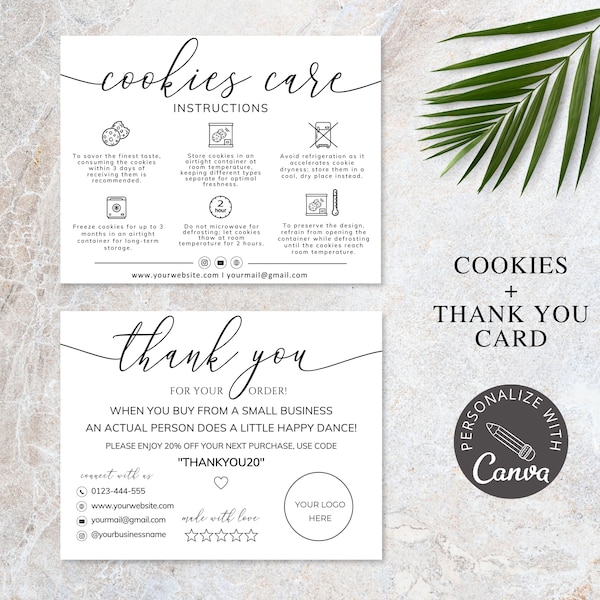 Cookie Care Card Template I Canva Template I Cookie Thank You Card For Customers I Editable Cookie Instructions Card I Custom Care Card.