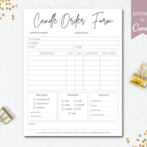 May include: A printable candle order form with sections for customer information, order details, delivery options, payment methods, and a total amount. The form is designed for use with Canva.
