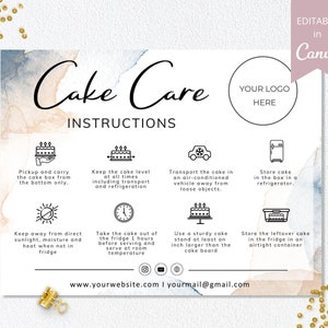 Cake Care Card Template, Canva Editable Wedding Cake Care Cards, Printable Cake Care Guide, Cake Instructions, Instant Download. DTP-031