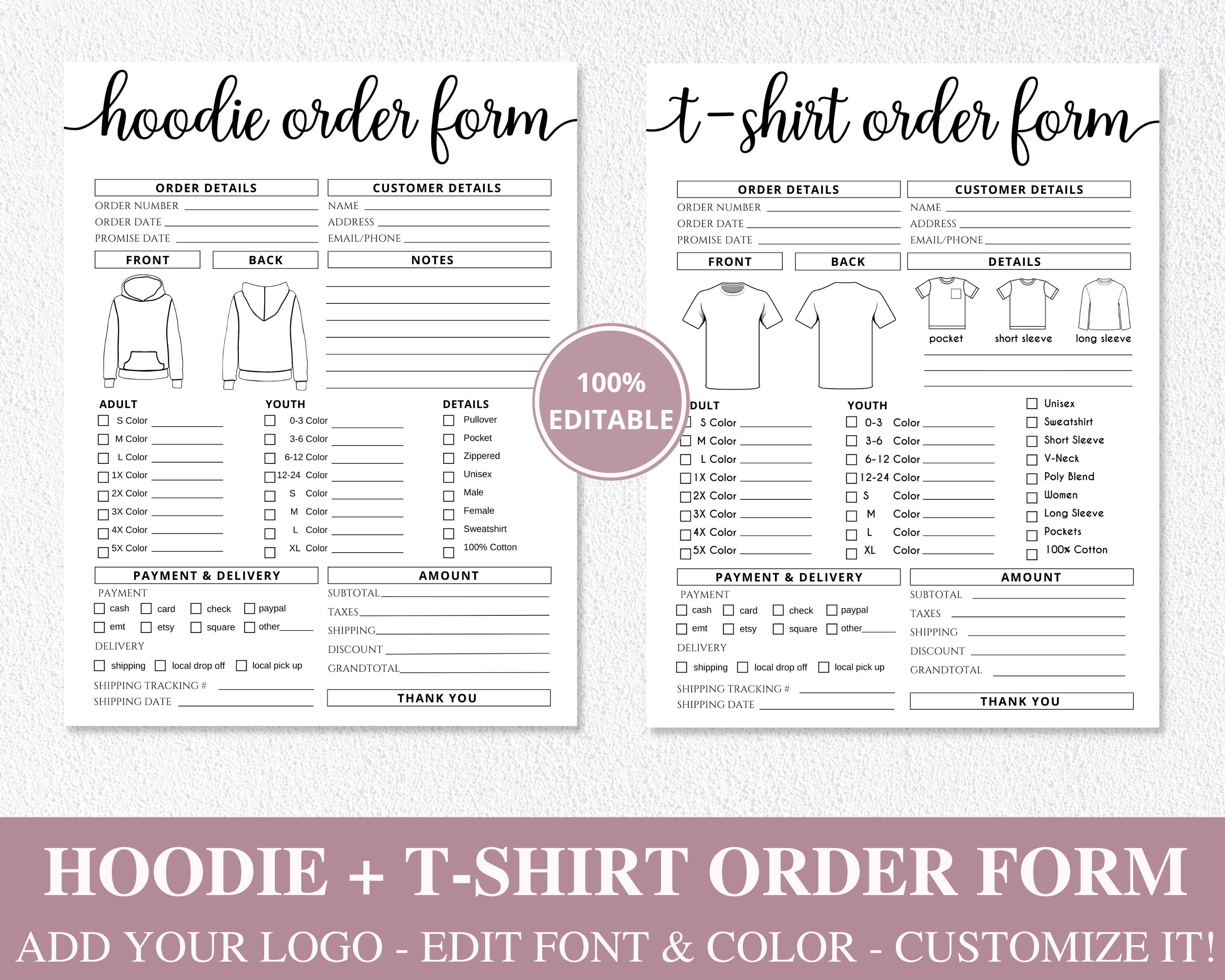 4 Order Forms Bundle I Editable Invoice Order Form I Printable T-shirt ...