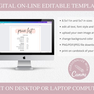 May include: A digital template for a price list for a beauty salon. The template is customizable and can be edited in Canva. The template is available in 8.5x11 inch and 5x7 inch sizes. The template includes a price list for lashes, brows, and waxing. The template is available for download in PNG, PDF, and JPEG formats.