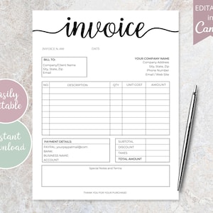Invoice Template Editable, Editable Canva Business Template, Small Business Printable Invoice, Custom Invoice Billing Form, DIY Invoice Form