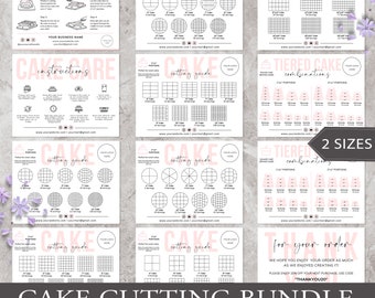 May include: A printable bundle of 12 cake cutting guides for different cake sizes. The guides are editable in Canva and include instructions for cake care and cutting. The bundle is available in two sizes. The text "CAKE CUTTING BUNDLE" and "EDITABLE IN CANVA - 12 TEMPLATE INCLUDES" is included in the image.