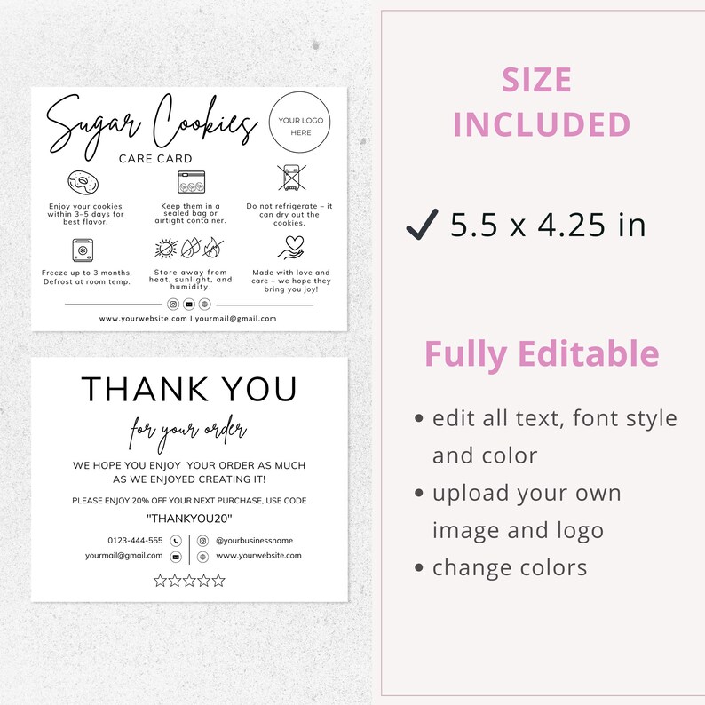 sugar cookies care card, care instructions, editable canva template