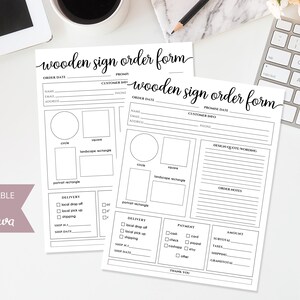 May include: A black and white printable order form for wooden signs. The form includes sections for order date, customer info, design quote wording, order notes, payment, and amount. The form also includes a section for choosing the shape of the sign, with options for circle, square, landscape rectangle, and portrait rectangle.