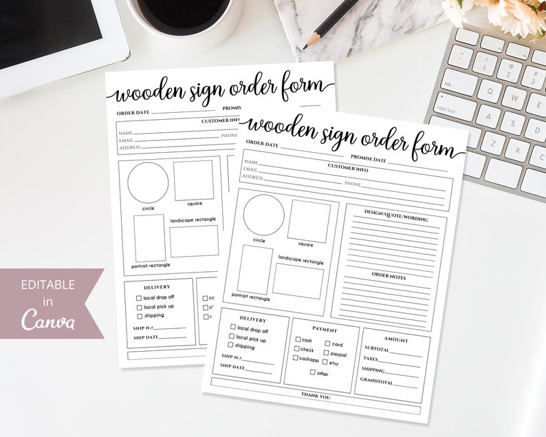 May include: A black and white printable order form for wooden signs. The form includes sections for order date, customer info, design quote wording, order notes, payment, and amount. The form also includes a section for choosing the shape of the sign, with options for circle, square, landscape rectangle, and portrait rectangle.