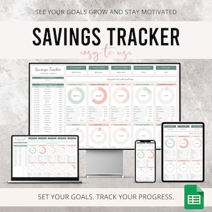 Pode incluir: Um rastreador de economia digital exibido em um laptop, monitor de desktop, tablet e smartphone. O texto diz "Savings Tracker" e "See your goals grow and stay motivated." O rastreador mostra gráficos de progresso e dados financeiros.