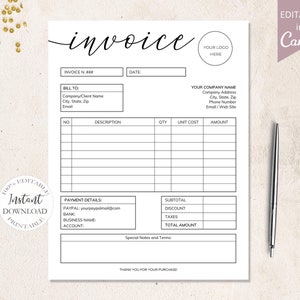 May include: A black and white printable invoice template with fields for invoice number, date, bill to, description, quantity, unit cost, amount, subtotal, discount, taxes, total amount, payment details, special notes and terms. The template is editable in Canva.